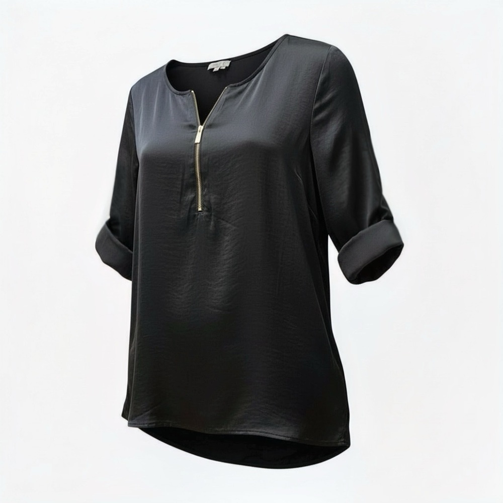 VINCE CAMUTO L Black Knit Tunic Silky Front Gold Zipper Detail R $79